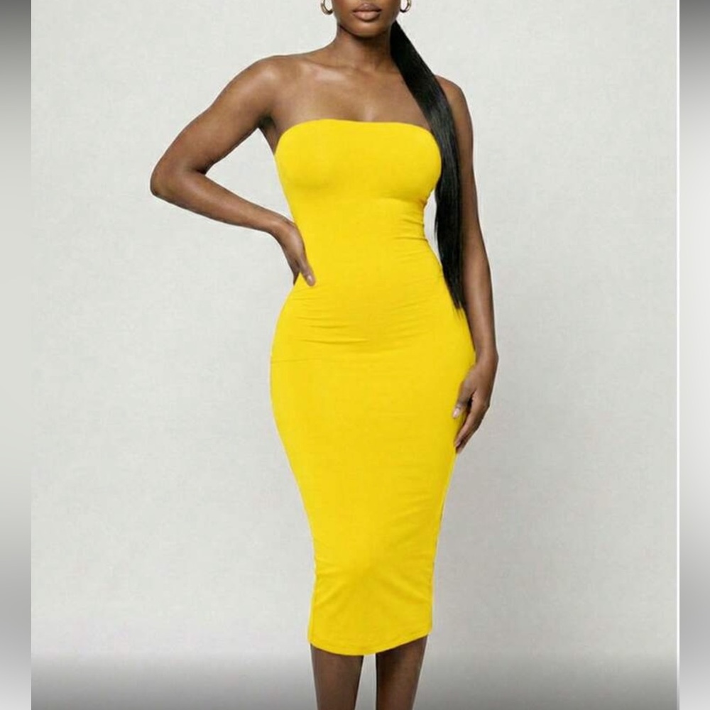 Strapless Bodycon Midi Dress in Yellow